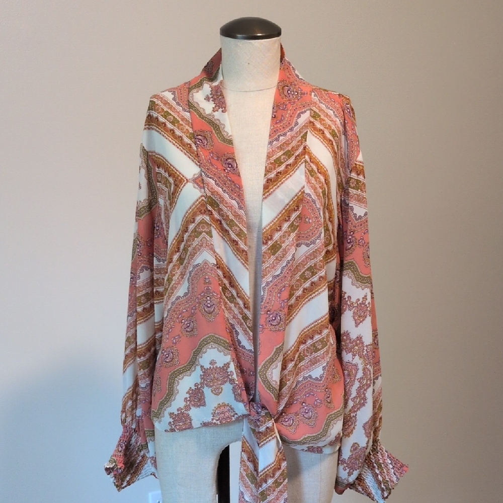 Mystree S Pink and Cream Patterned Kimono Blouse Wrap - Picture 2 of 8